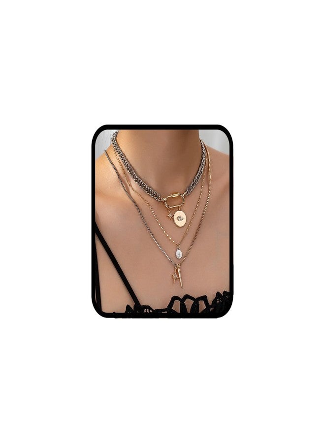 sunglnl Gold Layered Necklaces For Women, 3PS Chunky Two Tone Necklace Silver Coin Pendant Paperclip Stacked Chain Trendy Statement Jewelry Gift (layer necklace) - Image 1